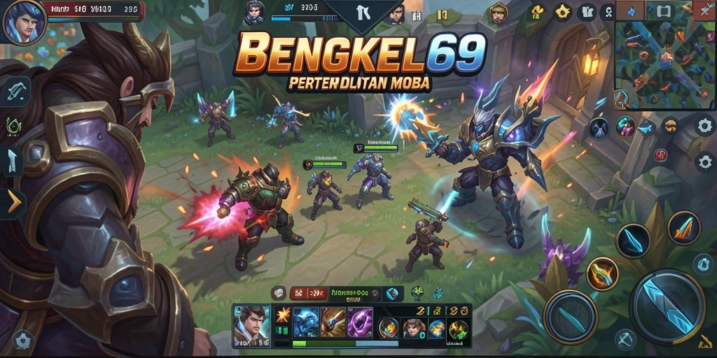 Tampilan intens gameplay BENGKEL69 dalam pertempuran MOBA.