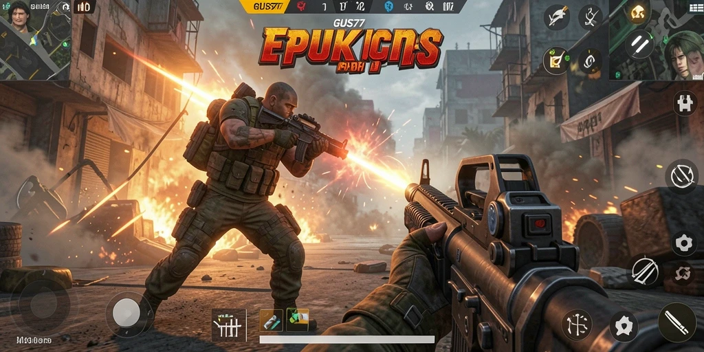Screenshot GUS77 menampilkan aksi intens dalam pertarungan FPS.
