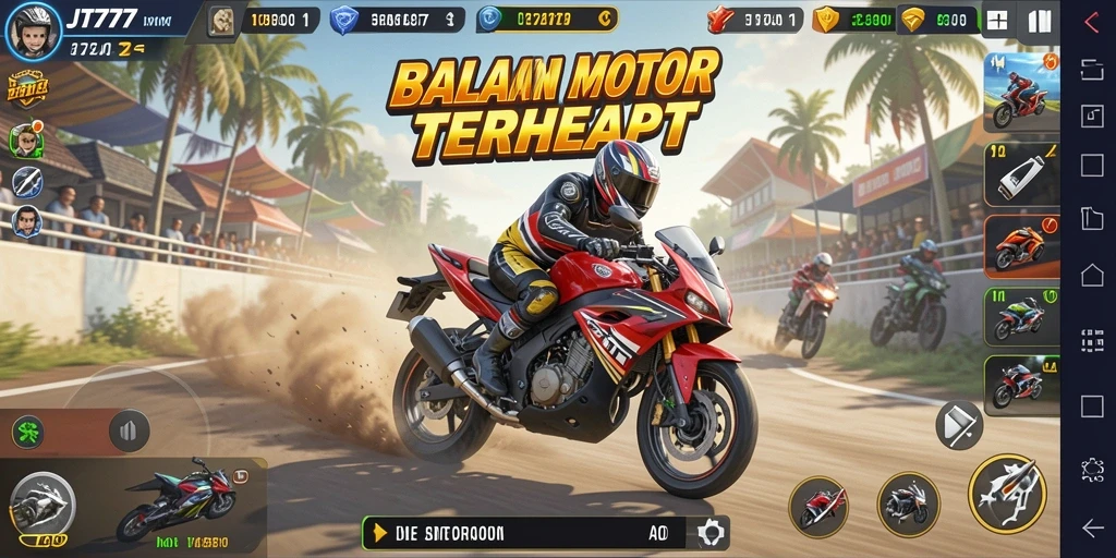 Screenshot menunjukkan aksi balapan motor yang mendebarkan di JT777.