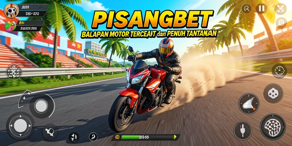 Tampilan gameplay PISANGBET dengan motor balap beraksi di trek.