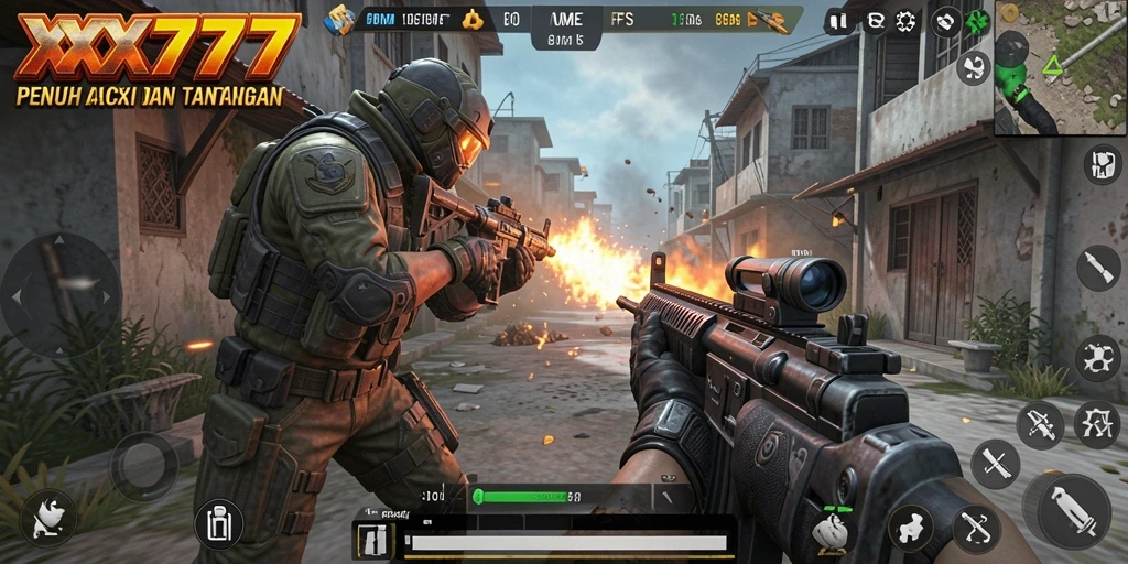 Screenshot utama XXX777 menampilkan aksi tembak-menembak yang mendebarkan.
